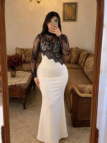 Modelyn 大尺碼收腰洋裝，直筒羊毛面料，前片與袖口飾對比蕾絲，休閒優雅風，適合春夏日常穿著與聚會 - 米色 - 查看 3