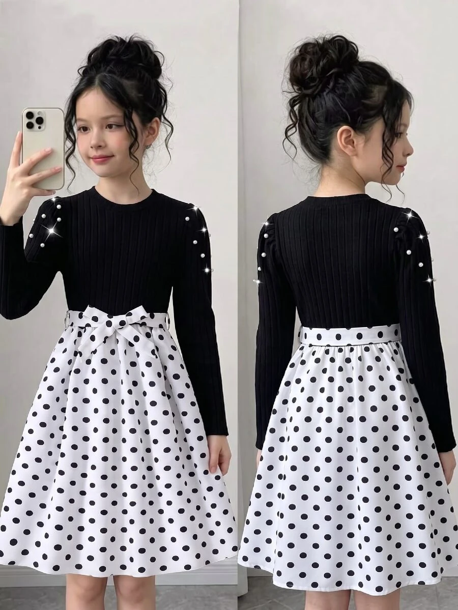 2Pcs Set Girls' Black Ribbed Knit Round Neck Pearl Puff Long Sleeve Dress With Woven Digital White Polka Dot Cinched Waist Belt Mid-Length Faux Two Pi