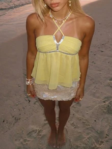 Sundraya Women's Vacation Sequin Patchwork Halter Neck Top - Yellow - View 4
