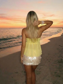 Sundraya Women's Vacation Sequin Patchwork Halter Neck Top - Yellow - View 2