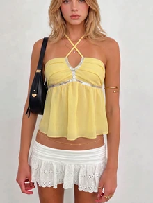 Sundraya Women's Vacation Sequin Patchwork Halter Neck Top - Yellow - View 1