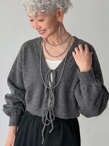FRIFUL Busana Musim Gugur Korea untuk Wanita: Sweater Rajut Warna Polos untuk Wanita Paruh Baya - Grey - View 7