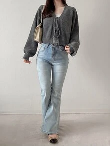 FRIFUL Busana Musim Gugur Korea untuk Wanita: Sweater Rajut Warna Polos untuk Wanita Paruh Baya - Grey - View 10