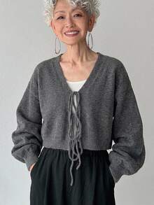 FRIFUL Busana Musim Gugur Korea untuk Wanita: Sweater Rajut Warna Polos untuk Wanita Paruh Baya - Grey - View 3