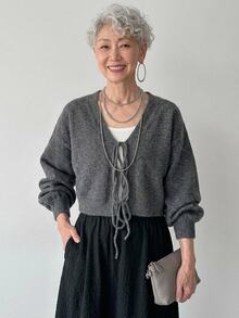 FRIFUL Busana Musim Gugur Korea untuk Wanita: Sweater Rajut Warna Polos untuk Wanita Paruh Baya - Grey - View 6