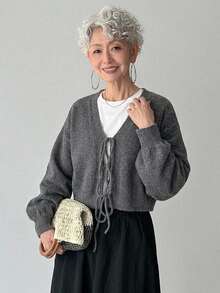 FRIFUL Busana Musim Gugur Korea untuk Wanita: Sweater Rajut Warna Polos untuk Wanita Paruh Baya - Grey - View 4