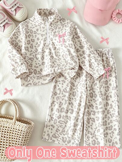 Leopard Print Half-Zip Sweatshirt, Suitable For Little Girls To Wear In Autumn And Winter, Comfortable Minimalist Casual Daily Style