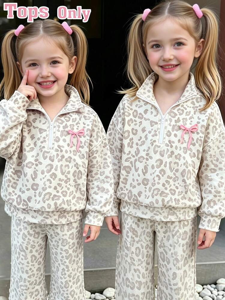 Leopard Print Half-Zip Sweatshirt, Suitable For Little Girls To Wear In Autumn And Winter, Comfortable Minimalist Casual Daily Style - Multicolor - View 3