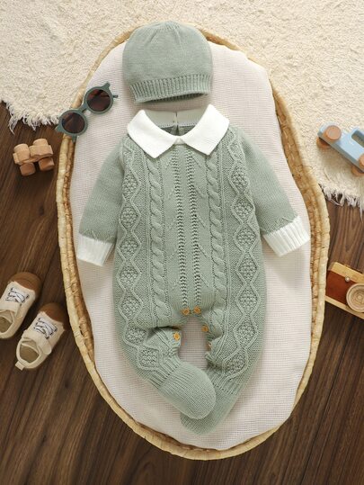 SHEIN Playful Pals Romper Rajut Vintage Unisex untuk Bayi Baru Lahir dengan Topi Rajut yang Serasi, Bodysuit Sweater dengan Kerah Kontras dan Kancing Jepret di Bagian Bawah untuk Memudahkan Penggantian Popok, Pakaian Fotografi Satu Bulan Penuh (100 Hari), Set Rajut Bayi untuk Pertemuan Orang Tua dan Anak Sehari-hari, Perjalanan, dan Liburan