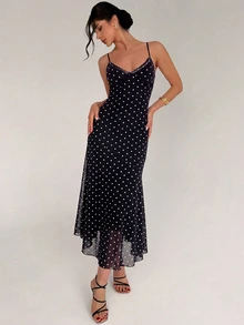 Firerie Brown Floral Print Camisole Dress With Lace-Trim Patchwork And Asymmetric Hem,Outfit For Women,Christmas Party Dress - Multicolor - View 13