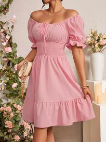 Rafferiza Ladies" Waist-Cinching Solid Color Square Neckline Dress With Floral Sleeve Embellishments - Pink - View 3