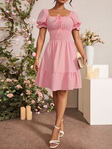 Rafferiza Ladies" Waist-Cinching Solid Color Square Neckline Dress With Floral Sleeve Embellishments - Pink - View 6