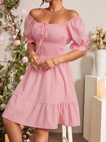 Rafferiza Ladies" Waist-Cinching Solid Color Square Neckline Dress With Floral Sleeve Embellishments - Pink - View 4