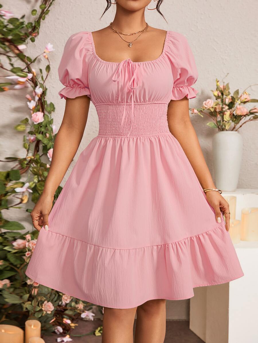 Rafferiza Ladies" Waist-Cinching Solid Color Square Neckline Dress With Floral Sleeve Embellishments - Pink - View 1