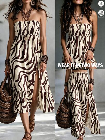 Breezaya Summer Swimwear New Women's Fashion Vacation Elegant Sexy Casual Brown Geometric Print Multi-Wear High Slit Strapless Dress And Skirt Cover-Up, Summer Beach Vacation, Casual, Work, Country, Easter, Thanksgiving, Mother's Day, Pool Party, Music Festival, Cruise, Club, Wedding, Picnic