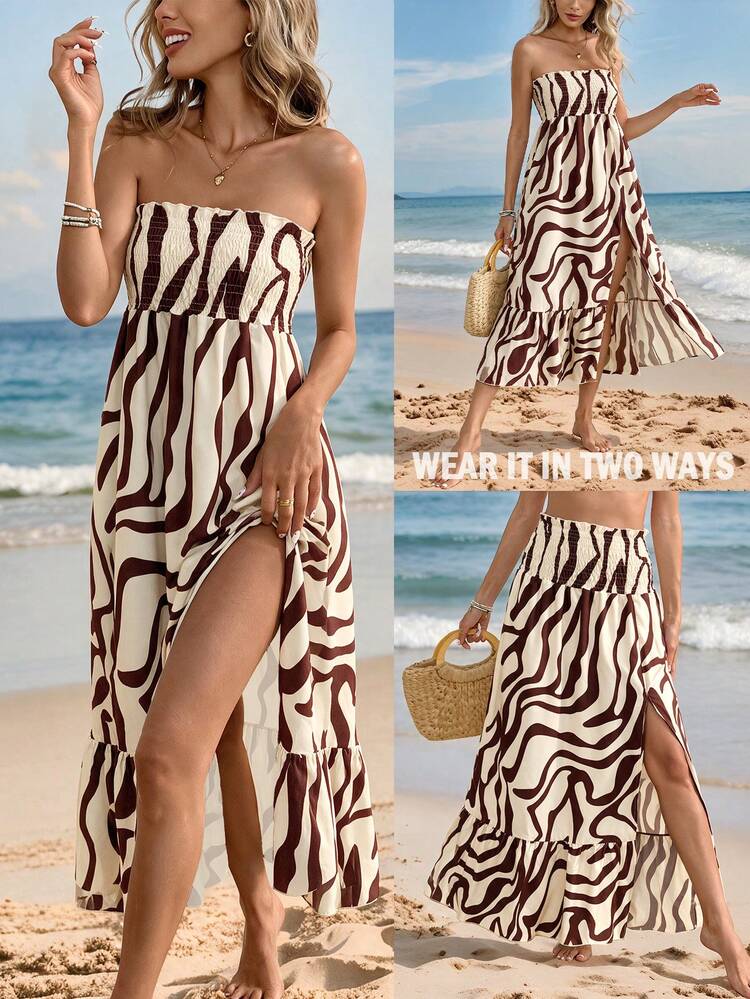 Breezaya Summer Swimwear New Women's Fashion Vacation Elegant Sexy Casual Brown Geometric Print Multi-Wear High Slit Strapless Dress And Skirt Cover-Up, Summer Beach Vacation, Casual, Work, Country, Easter, Thanksgiving, Mother's Day, Pool Party, Music Festival, Cruise, Club, Wedding, Picnic - Brown - View 3