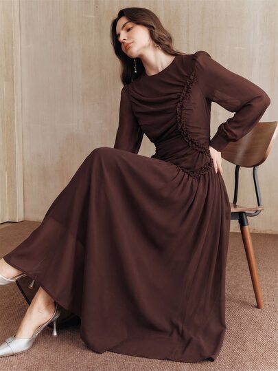 Anewsta Vestido largo moderno vintage de manga ancha con ribete de encaje y cintura ceñida para mujeres
