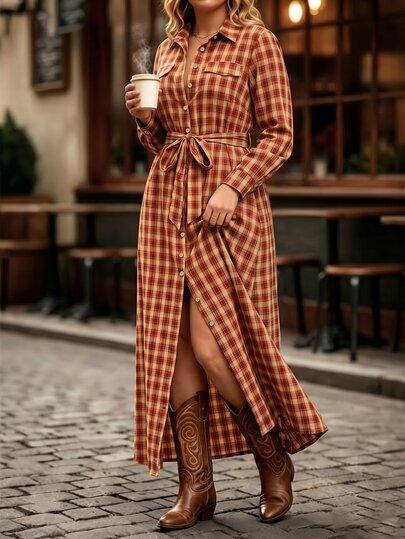 Linhara CURVE Vestido Camisa de Estilo Vintage a Cuadros con Cuello de Camisa + Diseño de Botones Frontales Simples, Clásico y Pulcro, Fácil de Poner y Quitar, Talla Grande