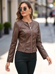 Editum Fall Women Clothes Women's Autumn Fashion Vintage Cinched Waist Jacket - Brown - View 4