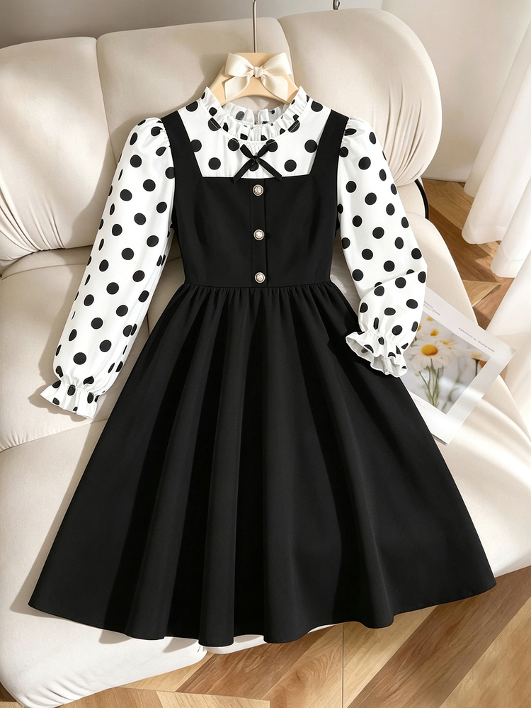 SHEIN Elladie kids Tween Girl Elegant Lace Collar Long Sleeve 2 In 1 Colorblock Birthday Dress Suitable For Spring Fall Travel Vacation Party And Other Outings, Casual D - Black - View 3