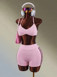 Mistrie Women's Solid Color Pleated Halter Neck Top And Shorts Casual Daily Sports Set - Pink - View 6