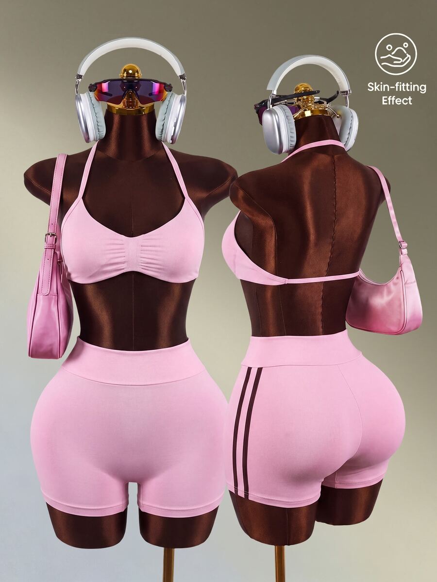 Mistrie Women's Solid Color Pleated Halter Neck Top And Shorts Casual Daily Sports Set - Pink - View 1