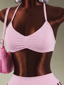 Mistrie Women's Solid Color Pleated Halter Neck Top And Shorts Casual Daily Sports Set - Pink - View 4