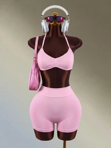 Mistrie Women's Solid Color Pleated Halter Neck Top And Shorts Casual Daily Sports Set - Pink - View 8