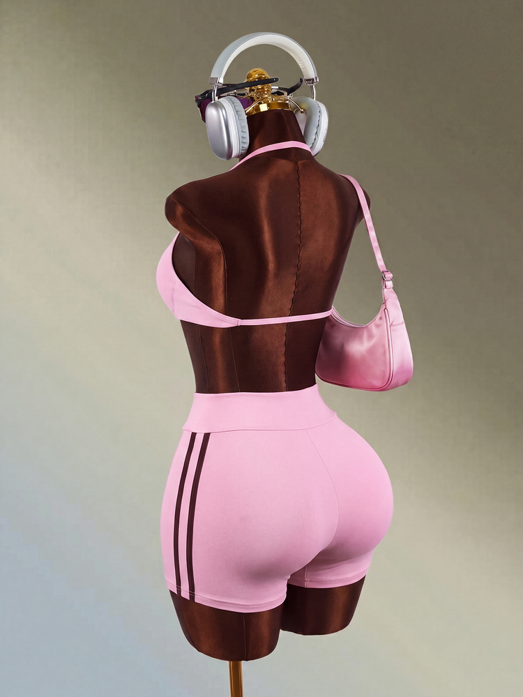 Mistrie 女款純色百褶掛脖上衣與短褲休閒日常運動套裝 - 粉色 - 查看 7