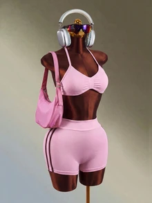 Mistrie Women's Solid Color Pleated Halter Neck Top And Shorts Casual Daily Sports Set - Pink - View 9