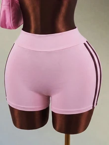 Mistrie Women's Solid Color Pleated Halter Neck Top And Shorts Casual Daily Sports Set - Pink - View 3