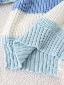 SHEIN Elladie kids 1件青少年女孩開襟針織外套，經典百搭V領拼色條紋拼接清新軟綿風格落肩長袖休閒單排扣針織夾克，適中厚度，整齊下擺，緊口袖口，亮麗清新配色，適合日常穿著、學校及其他場合，秋冬穿搭 - 藍色 - 查看 5