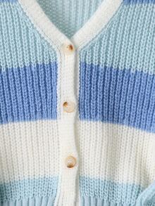 SHEIN Elladie kids 1件青少年女孩開襟針織外套，經典百搭V領拼色條紋拼接清新軟綿風格落肩長袖休閒單排扣針織夾克，適中厚度，整齊下擺，緊口袖口，亮麗清新配色，適合日常穿著、學校及其他場合，秋冬穿搭 - 藍色 - 查看 6