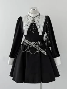 Sunspun Gaun Lengan Panjang Wanita Ukuran Besar dengan Motif Halloween Gelap dan Silang untuk Musim Gugur - Hitam dan Putih - View 2