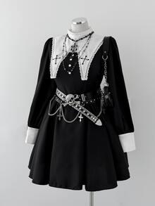 Sunspun Gaun Lengan Panjang Wanita Ukuran Besar dengan Motif Halloween Gelap dan Silang untuk Musim Gugur - Hitam dan Putih - View 7