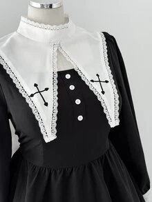 Sunspun Gaun Lengan Panjang Wanita Ukuran Besar dengan Motif Halloween Gelap dan Silang untuk Musim Gugur - Hitam dan Putih - View 6