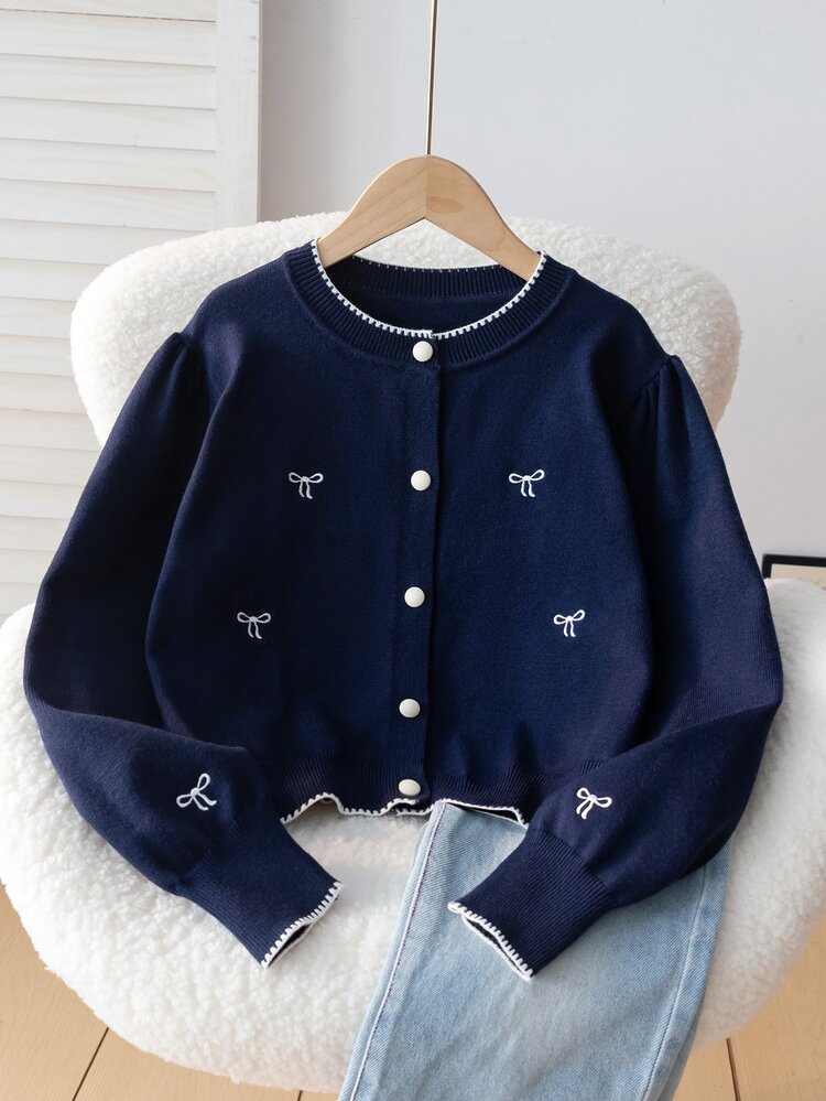 SHEIN 8-12 Years Old Tween Girls Navy Blue Round Neck Short Knit Cardigan With White Bow Embroidery, Puff Long Sleeves, Contrast Color Jagged Trim, Single-Breasted Button Front, Preppy Style Campus Spring Autumn Versatile Knit Outerwear - Navy Blue - View 4