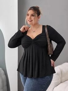 SHEIN CURVE+ 大码女式黑色胸部扭纹针织上衣，娃娃装针织上衣，Y2k 服装，毕业季返校季返校服装秋季服装，女式可爱上衣，娃娃装上衣 - 黑色 - 查看 2