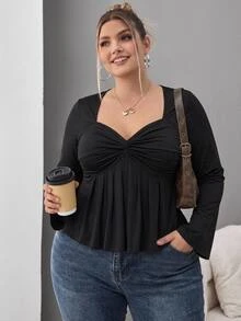 SHEIN CURVE+ 大码女式黑色胸部扭纹针织上衣，娃娃装针织上衣，Y2k 服装，毕业季返校季返校服装秋季服装，女式可爱上衣，娃娃装上衣 - 黑色 - 查看 1