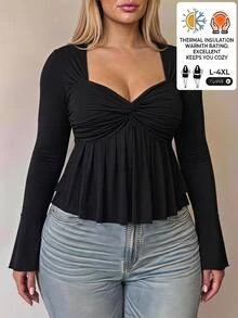 SHEIN CURVE+ 大码女式黑色胸部扭纹针织上衣，娃娃装针织上衣，Y2k 服装，毕业季返校季返校服装秋季服装，女式可爱上衣，娃娃装上衣 - 黑色 - 查看 5