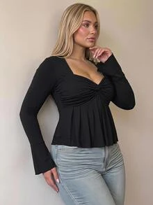 SHEIN CURVE+ 大码女式黑色胸部扭纹针织上衣，娃娃装针织上衣，Y2k 服装，毕业季返校季返校服装秋季服装，女式可爱上衣，娃娃装上衣 - 黑色 - 查看 4