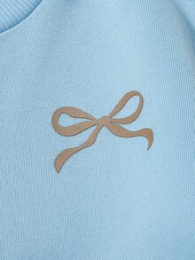 Maija Kids Maija Kids 2件組少女優雅學院風休閒舒適百搭可愛蝴蝶結印花圓領長袖套頭藍色運動衫與棕色毛絨藍色蝴蝶結印花鬆緊腰長褲套裝，適合返校、外出、休閒活動、聚會，適合秋冬 - 彩色 - 查看 4