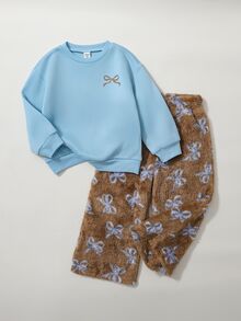 Maija Kids Maija Kids 2件組少女優雅學院風休閒舒適百搭可愛蝴蝶結印花圓領長袖套頭藍色運動衫與棕色毛絨藍色蝴蝶結印花鬆緊腰長褲套裝，適合返校、外出、休閒活動、聚會，適合秋冬 - 彩色 - 查看 6