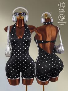 Mistrie 1pc Polka Dot Knit Fabric Medium Stretch Halter Neck Hollow Out Sports Bodysuit For Women, Fashionable Versatile Suitable For Various Occasions Daily Wear - Black - View 1