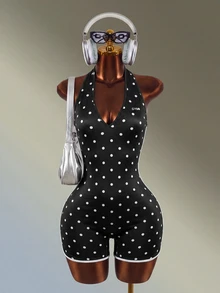 Mistrie 1pc Polka Dot Knit Fabric Medium Stretch Halter Neck Hollow Out Sports Bodysuit For Women, Fashionable Versatile Suitable For Various Occasions Daily Wear - Black - View 5
