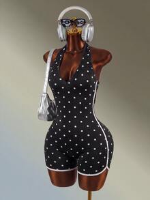 Mistrie 1pc Polka Dot Knit Fabric Medium Stretch Halter Neck Hollow Out Sports Bodysuit For Women, Fashionable Versatile Suitable For Various Occasions Daily Wear - Black - View 6