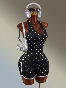 Mistrie 1pc Polka Dot Knit Fabric Medium Stretch Halter Neck Hollow Out Sports Bodysuit For Women, Fashionable Versatile Suitable For Various Occasions Daily Wear - Black - View 7