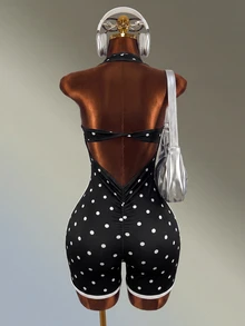 Mistrie 1pc Polka Dot Knit Fabric Medium Stretch Halter Neck Hollow Out Sports Bodysuit For Women, Fashionable Versatile Suitable For Various Occasions Daily Wear - Black - View 2