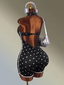 Mistrie 1pc Polka Dot Knit Fabric Medium Stretch Halter Neck Hollow Out Sports Bodysuit For Women, Fashionable Versatile Suitable For Various Occasions Daily Wear - Black - View 8