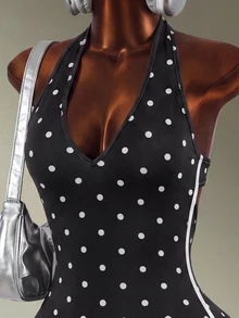 Mistrie 1pc Polka Dot Knit Fabric Medium Stretch Halter Neck Hollow Out Sports Bodysuit For Women, Fashionable Versatile Suitable For Various Occasions Daily Wear - Black - View 3